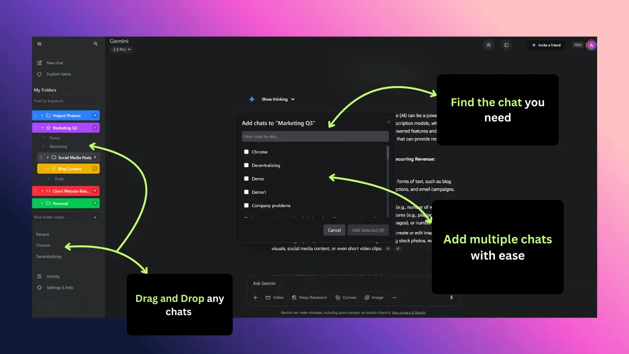 Dragging Gemini AI chats into organized folders