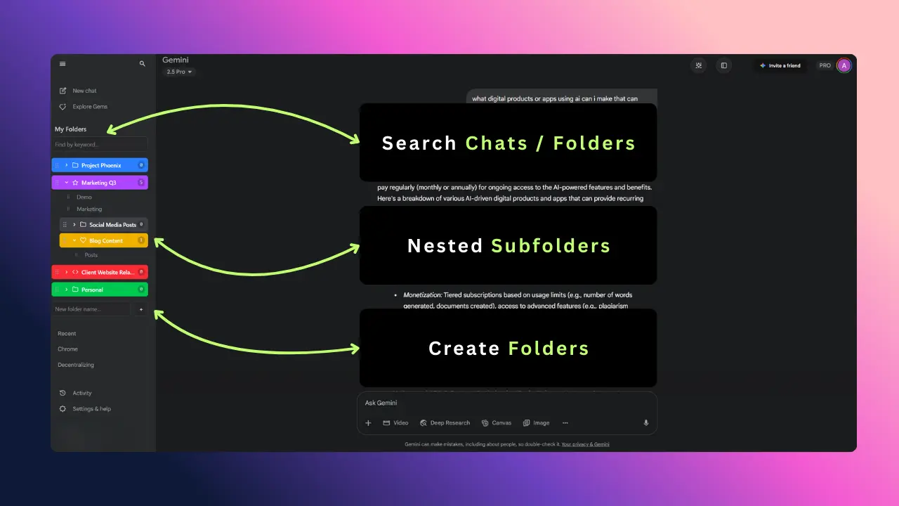 Creating and managing folders in the Gemini Folders sidebar