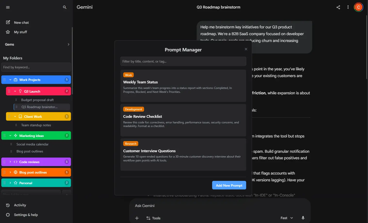 Prompt Manager with saved prompts organized by tags