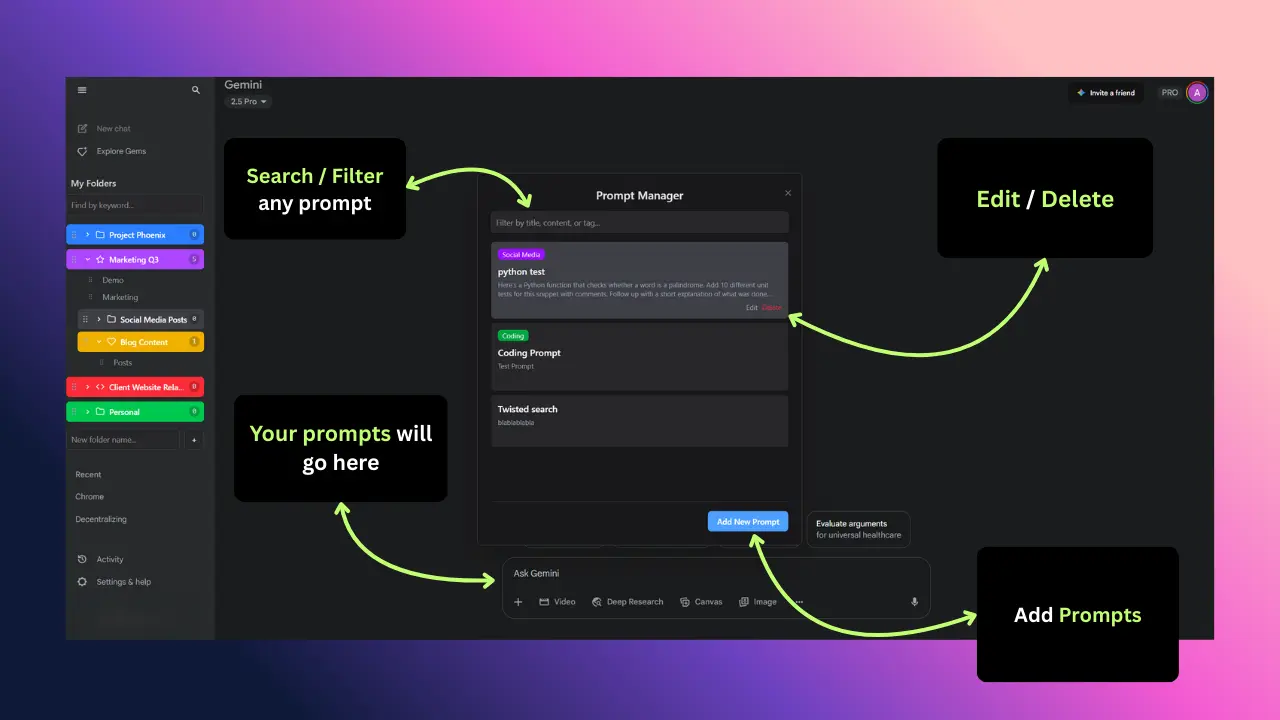 Gemini Folders Prompt Manager for saving and reusing AI prompts
